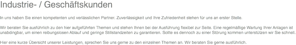 Industrie- / Geschäftskunden In uns haben Sie einen kompetenten und verlässlichen Partner. Zuverlässigkeit und Ihre Zufriedenheit stehen für uns an erster Stelle. Wir beraten Sie ausführlich zu den hier aufgeführten Themen und stehen Ihnen bei der Ausführung flexibel zur Seite. Eine regelmäßige Wartung Ihrer Anlagen ist unabdingbar, um einen reibungslosen Ablauf und geringe Stillstandzeiten zu garantieren. Sollte es dennoch zu einer Störung kommen unterstützen wir Sie schnell. Hier eine kurze Übersicht unserer Leistungen, sprechen Sie uns gerne zu den einzelnen Themen an. Wir beraten Sie gerne ausführlich. 